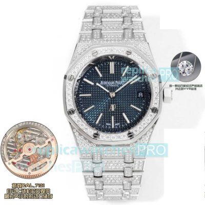 OMF Super Clone Iced Out Audemars Piguet Ultra-Thin Royal Oak Blue Dial Cal.7121 Diamond Watch 